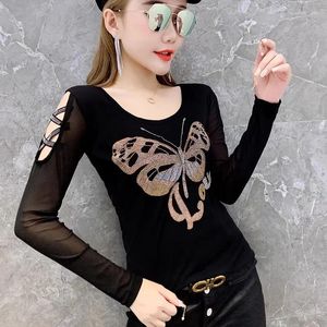 Kvinnors T-skjortor Autumn Fashion Streetwear Off Shoulder T-shirt Luxury Farterfly Diamonds Mesh Tees Sexiga kvinnor långärmade toppar