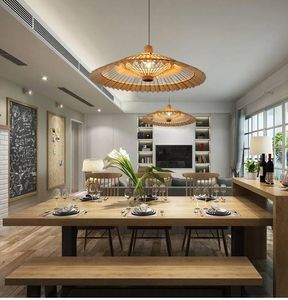 Kolye lambaları Japonca dokuma bambu ve ahşap LED avize oturma odası yemek mutfak salonu şarabı veya mağaza kapalı aydınlatma Chandelierpendent