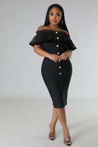 Casual Dresses 2023 Off-the-Shoulder Off-Neck Dot Mesh Ruffles Slim Fit Patchwork Sexig Slimming Dress Bandage One-Piece