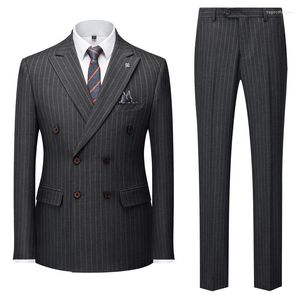 Men's Suits Plyesxale Dark Grey Striped For Men 3 Piece Double Breasted Wedding Elegant Business Formal Suit High Quality Q1263