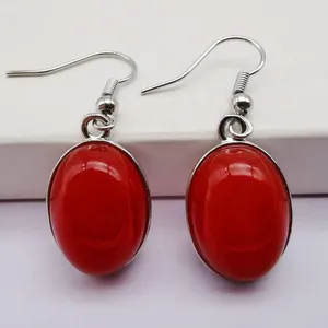 Dangle Earrings Red Jade Stone Oval Beads Gem Jewelry T260