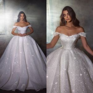 Off Shoulder Ball Gown Dresses For Bride Ruched Bling Princess Queen Wedding Dress Bridal Gowns