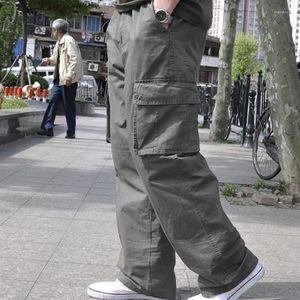 Erkek pantolon şişman erkek cep kargo adam rahat moda yüksek bel yüksek bel gevşek geniş bacak uzun pantolon sokak kıyafetleri