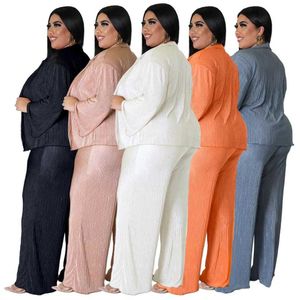 ファッションプラスサイズの女性パンツソリッドカラーライトプリーツワイドレッグパンツ3ピースセット