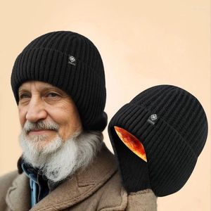 Berets Elder Men's Winter Warmer Knitted Hats Thicken Acrylic Wool Kintting Plush Lined Ear Protection Hat Skiing Beanies Earmuff Caps