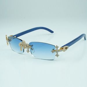 Krzyżowe okulary przeciwsłoneczne 3524012 z naturalnymi niebieskimi drewnianymi nogami i pojemnikiem 56 mm