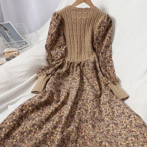 Casual Dresses Autumn Winter Womens Floral Sticked Dress Midje snörning Koreansk mode kvinnlig lapptäcke Midkalv Vestido