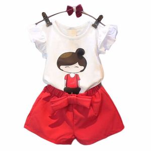 Moda infantil conjunto de verão novas meninas moda conjunto de algodão meninas voando manga carta camisa shorts conjunto de duas peças