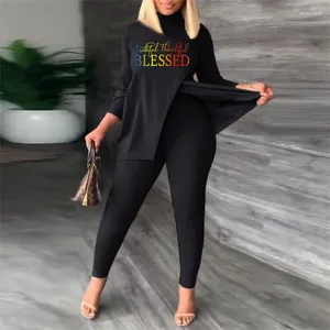 Women's Two Piece Pants Ladies Printed Long Sleeve O-neck Cut Split T-shirt High Waist Elastic Leggings Urban Fashion Casual Suit