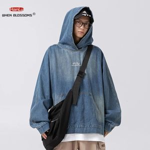 Mens Hoodies Sweatshirts Vintage Denim Hoodie Loose Pullover Black Hooded Women