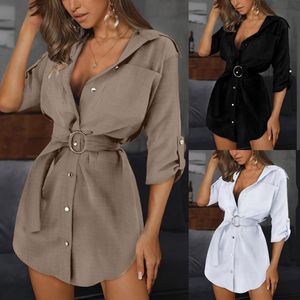 Blusas de mujer Camisas con botones para mujer Camisa de talla grande Blusa OL Cinturón de trabajo Tops lisos Mini manga Casual Autum Color melocotón T