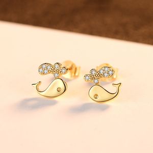 Neue Mode Frauen Niedlichen Delphin S925 Silber Ohrstecker Schmuck 3A Zirkon Welle Überzogen 18 karat Gold Ohrringe für Frauen hochzeit Valentinstag Weihnachtsgeschenk SPC