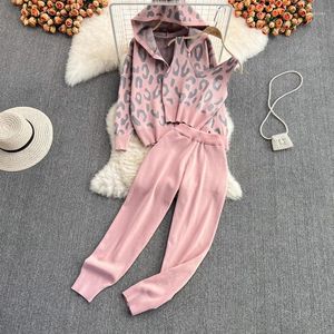 Zweiteilige Damen-Hosen, gestrickt, 3 Sätze, Leopardenmuster, mit Kapuze, Strickjacke, bauchfreie Weste, Tops, Harems-Outfits, koreanische Pullover-Trainingsanzüge