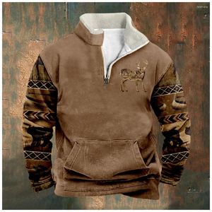 Männer Hoodies 2023 Herbst Männer Pullover Sweatshirts Zip Up Fleeced Langarm Patchwork Vintage Elch Tribal Grafiken Übergroßen Tops