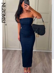 RUKASSTrapless Backless Zipper Split Dress Party Blue Denim Kvinna Lång Klänning för Kvinnor Kläder Sommar Aftonklänningar