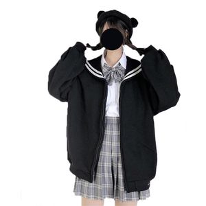 QWEEK KAWAII ZIP UP PHOODIE SAILOR COLLAR SWEATSHIRT JAPAN STYEM LEADSLEEV