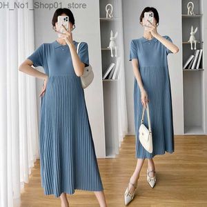 Moderskapsklänningar 5038# Summer Thin Ice Cool Pleated Sticked Maternity Long Dress Elegant A Line Loose Clothes For Pregnant Women Ins graviditet Q231102