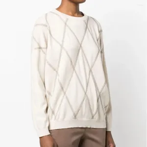 Women's Sweaters 2023 Autumn And Winter Women Pure Cashmere Diamond Check Beaded Embellished Knitted Sweater