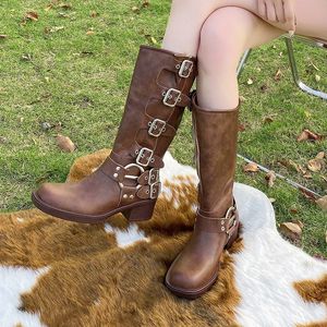 Boots Brown Platform Shoes for Women Buckle Square Heel Kvinnor Kne High Autumn Winter Roman Y Ladies Goth 231101
