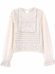 Frauenpullover Frau Süße Beige Aushöhlen Pullover 2023 Frühling Weibliche Casual Spitze Patchwork Häkeln Tops Damen Weiche Lange Ärmel stricken