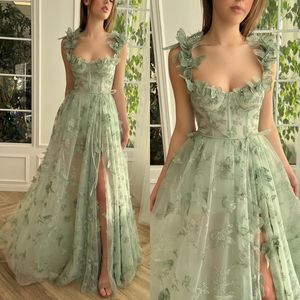 Gorgeous Green Prom Dresses 3D Floral Straps Bone Bodice Party Evening Dress Slit dresses for special occasions