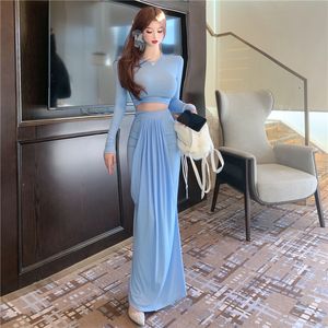 Women's o-neck long sleeve crop top and maxi long skirt 2 piece dress suit twinset SML