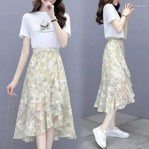 Work Dresses Two Piece Suit 2023 Summer Womens Outfits Korean Style Dress Suits Printed Short Sleeved T Shirt High Waist Chiffon Skirt