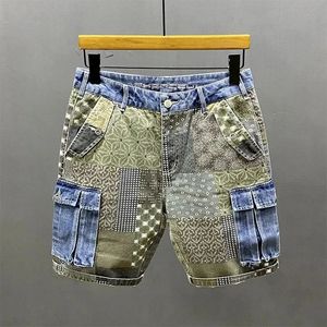 Shorts femininos verão carga denim shorts masculino irregular emenda impressa personalidade cinco pontos flor calças streetwear jeans hombre 231102