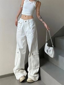 Damen Jeans Deeptown Y2K Vintage White Cargo Frauen Koreanischer Stil Weites Bein Denim Hose Übergroße Streetwear Hip Hop Taschen Hose 231102