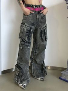 Mäns jeans adagirl nisch design vintage kvinnors overall multi-pocket jeans blixtlås med hög midja fast färg personlig lady denim byxor 231101