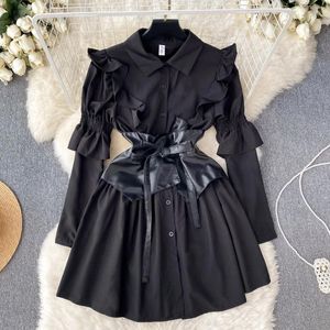 Casual Dresses Clothland Women Vintage Black Shirt Dress with Girdle Corset Long Sleeve A Line One Piece Mini Vestido QD062