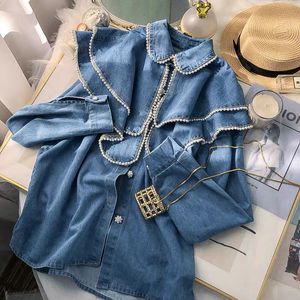 Ladies Tops Women's Clothing Vintage Beading Blues Vintage Jean Blusas Mujer de Moda 2023 Fashion Denim Shirt Loose Blouse