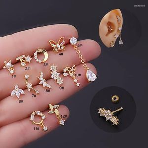 Brincos de parafuso prisioneiro 2 peças de zircão flor borboleta 16g parafuso de aço inoxidável torcido bola orelha osso studs cartilagem tragus piercing jóias