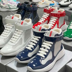 Scarpe Prades America Cup Sneakers Designer Uomini Scarpe in pelle di brevetto Migliore qualità Mesh Nylon Runner Trainer Women High Top Casual Scarpe da allenamento all'aperto con B