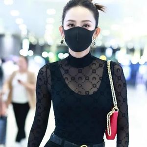 Women s Knits Tees Gotoola 2023 Mesh See through Bottoming Top Sexy Crescent Flocking Moon Long Sleeve High Waist Temperament T shirt 231101