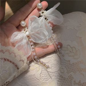 Angel White Bow Tie Stud Pendientes Largo Perla Borla Oreja Colgante Mujeres Diseño Vintage Estilo Coreano Pendientes De Lujo Encanto Simple Regalo Accesorios Para Las Orejas Perfecto