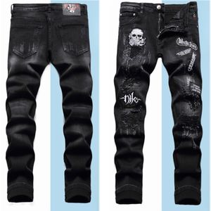 Robin Ripper Jeans für Herren, Denim-Hose, schmale Passform, schmale Stretch-Jeans, Miri-Schädel-Stickerei, Patchwork, Distressed-Jeans, Größe 29–38