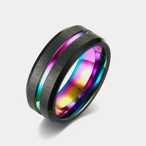 Trendy 8mm Men's Black Brushed Tungsten Wedding Ring Rainbow Groove Beveled Edge Stainless Steel Engagement Jewelry for Men269n