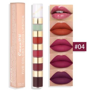 Lipstick 5 In 1 Matte Lipstick Kit Combo Strip Velvet Sexy Red Lip Tint Non-stick Cup Lip Gloss Lip Oil Makeup Lips Cosmetic Set 231102