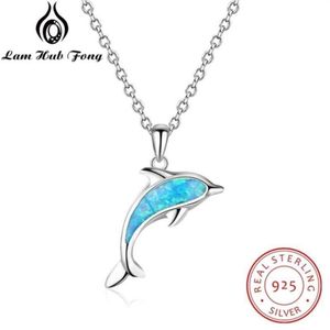 925 Sterling Silver Neckor Pendants Söt delfinform Blue Opal Necklace 925 Jewelry Gift for Women Lam Hub Fong 210929283K