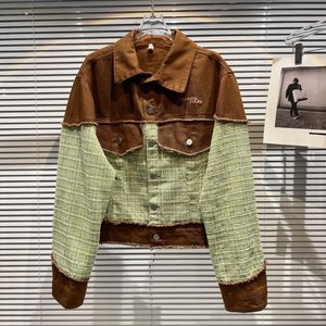 Jackets femininos 2023 Chegadas de outono de manga comprida Turn Down Down Tweed Patch Jacket jeans Women Brown Green Loose Coat GG044Women's