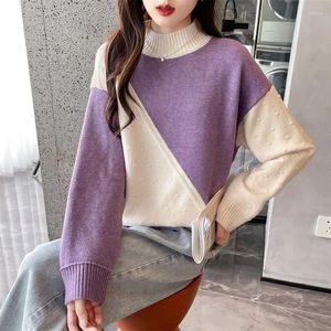 Kadınların Sweaters Renk Kazak Polka Dot Patchwork Kazak Sonbahar ve Kış Gevşek Yarım Yüksek Boyun Uzun Kollu Örgü Tüm Maçlar Şık Üstleri