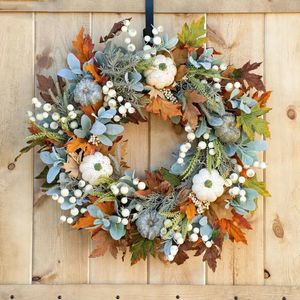 Decorative Flowers Wreaths 45cm Fall Wreaths Pumpkin Berry Maple Leaf Artificial Wreath Harvest Autumn Door Wreath Christmas Halloween Home Hanging Decor 231102