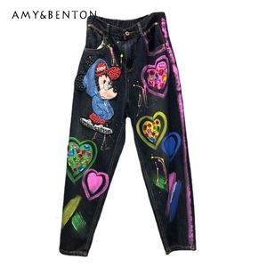 Men's Jeans Denim Overalls For Women Autumn Personalized Cartoon Graffiti Beaded Elastic Waist Straight Pants Trousers Baggy Jeans 231101