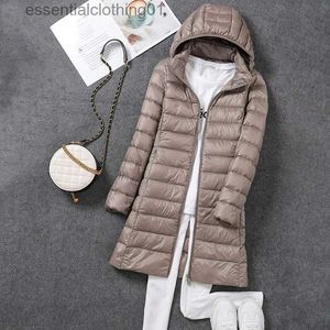 Kadınlar Down Parkas Kadınlar Ultra Hafif Paketlenebilir Uzun Küfür Ceket 2023 Yeni Sonbahar Kış Sıcak Şapka Çıkarılabilir Kapşonlu Fe Coat Parka 5XL 7XL L231102