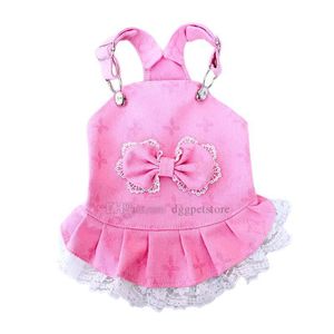 Designer Dog Dress Brand Dog Apparel Sweet Puppy Dog Princess Dress with Classic Letter Pattern Pink Bow Lace Tutu Skirt Pet Dresses Denim Jumpsuit for Small Dog S A589