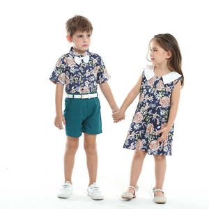 Top e top de verão para meninos e meninas, roupas combinando estilo floral, conjunto de shorts cavalheiros para crianças pequenas, vestidos sem mangas