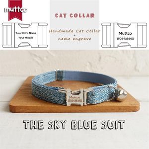 MUTTCO Adjustable pet collar for cat training comfortable kitten necklace THE SKY BLUE SUIT handmade engrave cat collar 2 sizes UC268q