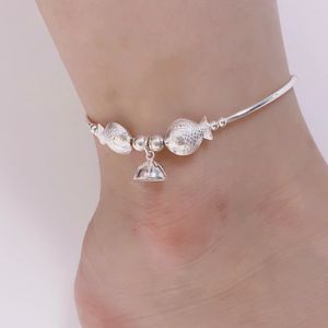 Cavigliere in argento sterling 925 con piccoli pesci, cavigliere, gomiti, gioielli per donne, ragazze, carino, loto, campana, perline, bracciali, su gamba, piede, ornamento JL006 231102