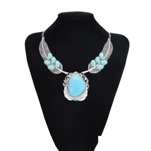 Ожерелья с подвесками в стиле бохо, этническое колье с большим синим камнем для женщин, афганские подвески с листьями и перьями, ювелирные изделия, винтажные Dhgarden Dhysg
